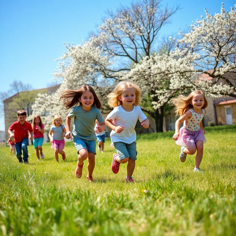 Crianças a correr ao ar livre num dia de primavera